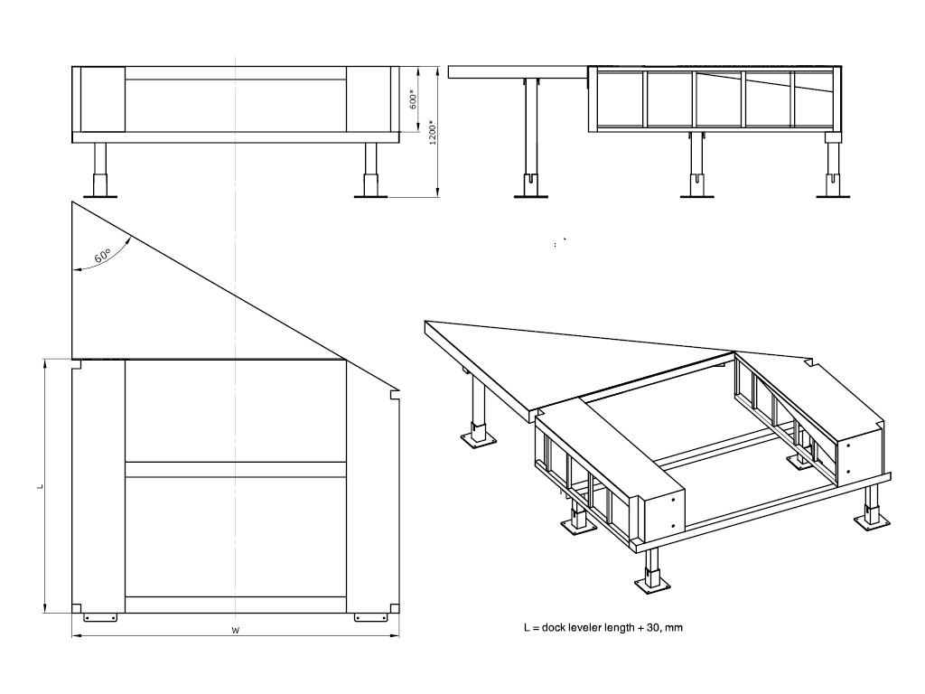 Angled free-standing frame (60°) for a mechanical leveler and an embedded type dock leveler with hinged lip